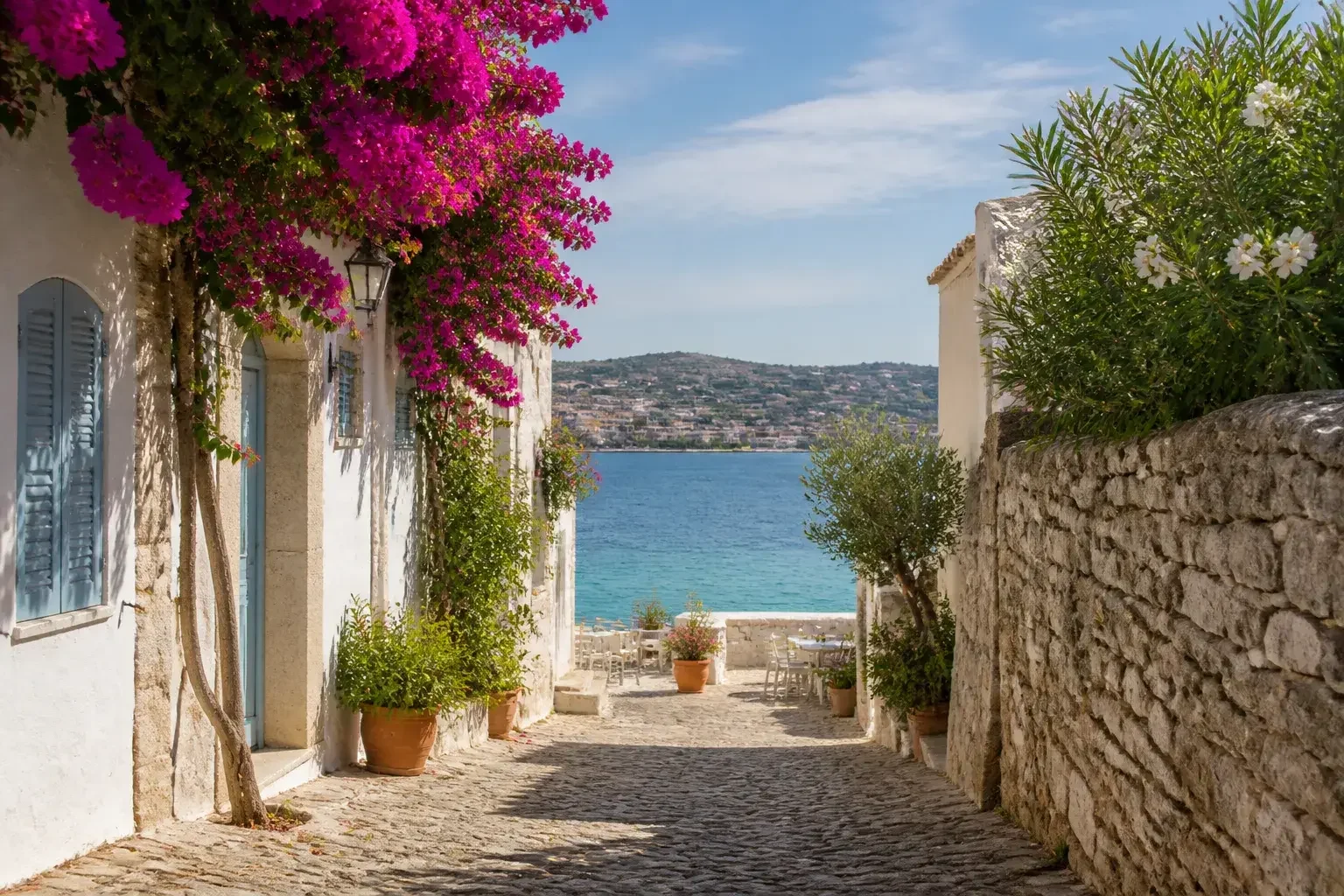 Çeşme’de beyaz badanalı evler ve begonvillerle sahil sokağı.