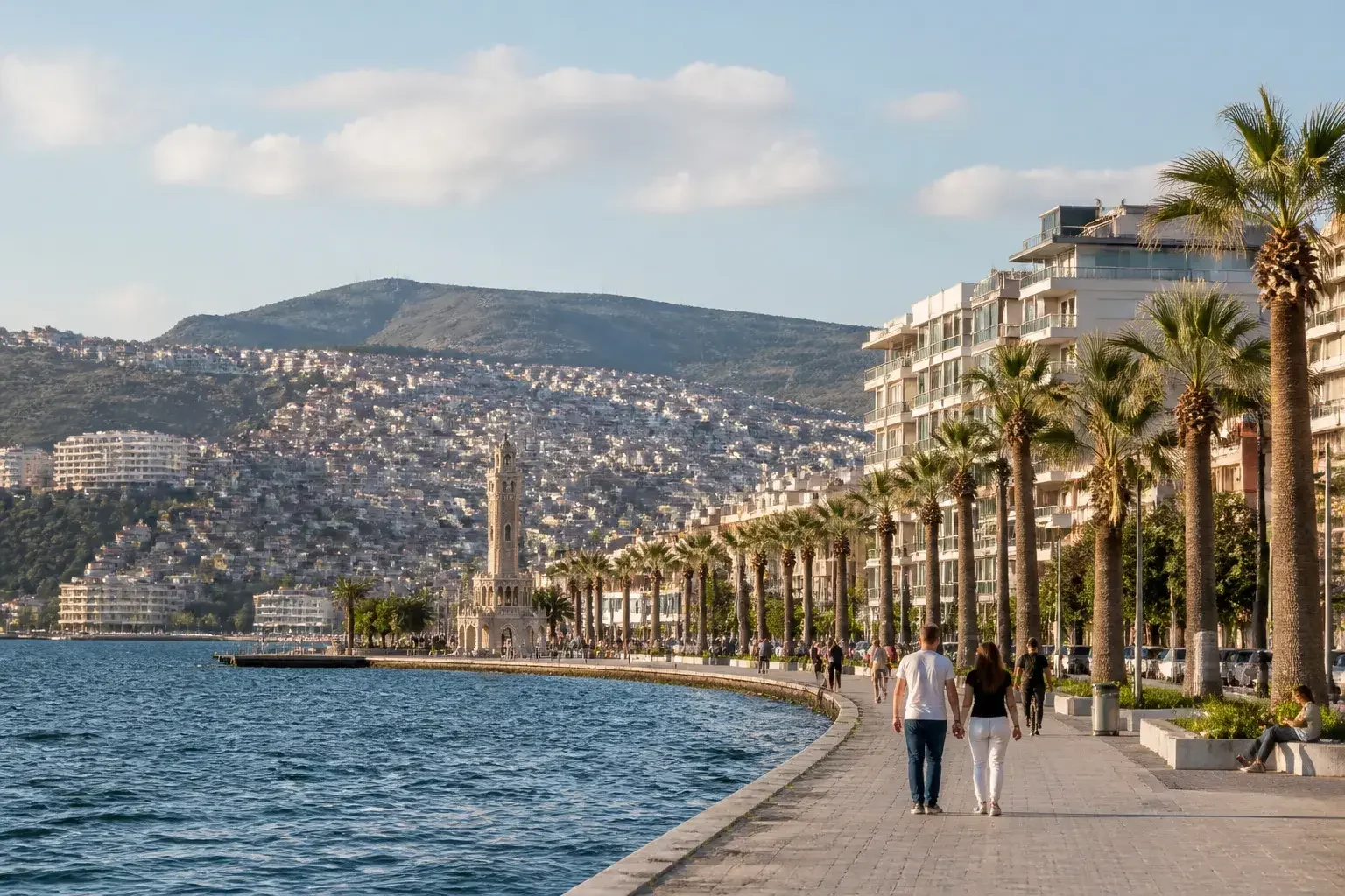 Palmiyeli sokaklar ve yamaç arka planıyla İzmir şehir görünümü.